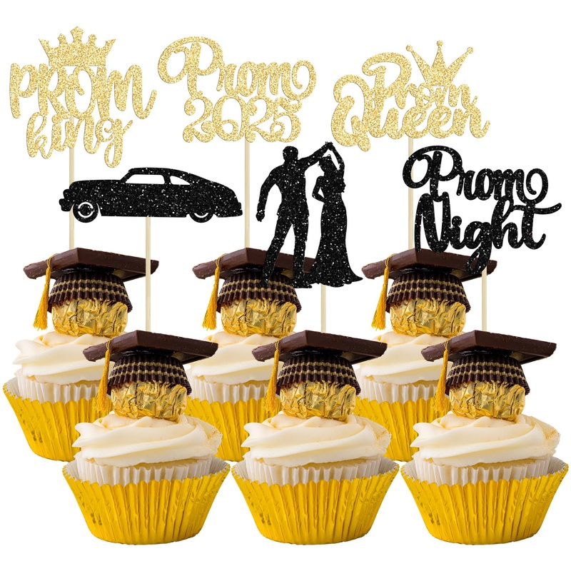 Gyufise 24Pcs Black Gold Prom Cupcake Topper Prom Decorations For Party 2025 Prom Graduation Cupcake Topper 2025 Graduation Deco