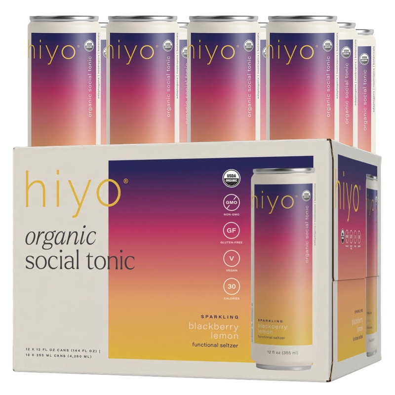 Hiyo Organic Social Tonic – Blackberry Lemon, 12 Pack – N.A. Functional Seltzer, Sparkling Water Crafted With Organic Adaptogens