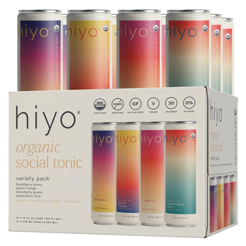 Hiyo Organic Social Tonic – Variety Pack, 12 Pack – N.A. Functional Seltzer, Sparkling Water Crafted With Organic Adaptogens, No