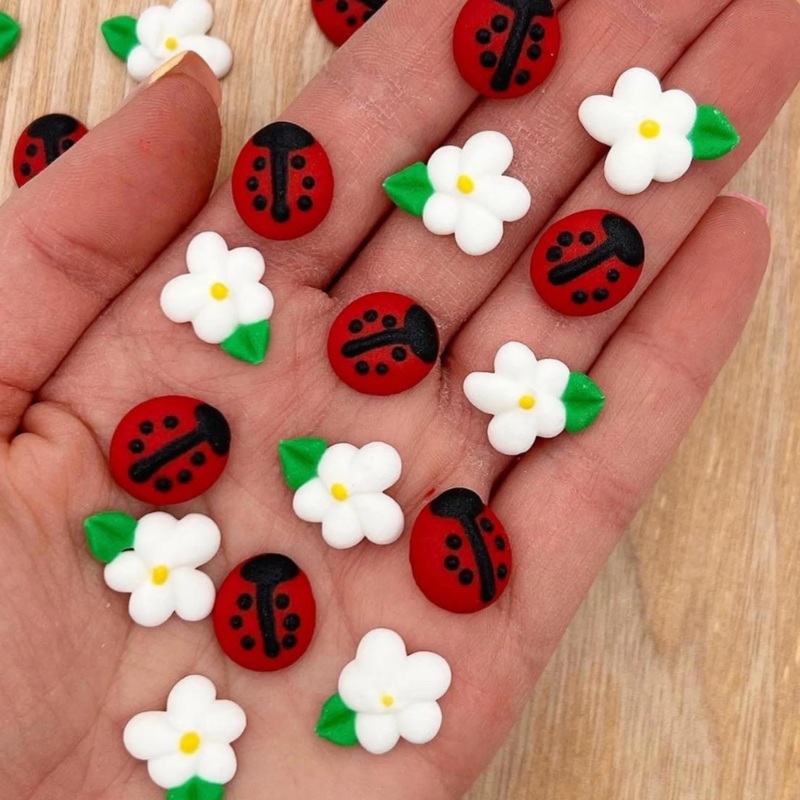 Icing Ladybugs And Daisies | 16 Edible Decorations | Mini Icing Ladybugs & White Sugar Daisies | Spring Cake Toppers | Simply Su