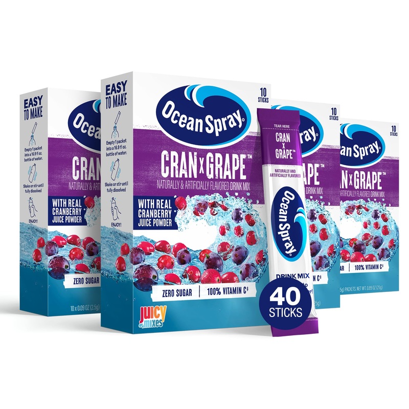 Ocean Spray Cran-Grape Zero Sugar Powder Drink Mix Packets With Real Cranberry Juice Powder, 100% Vitamin C, No Synthetic Dyes,