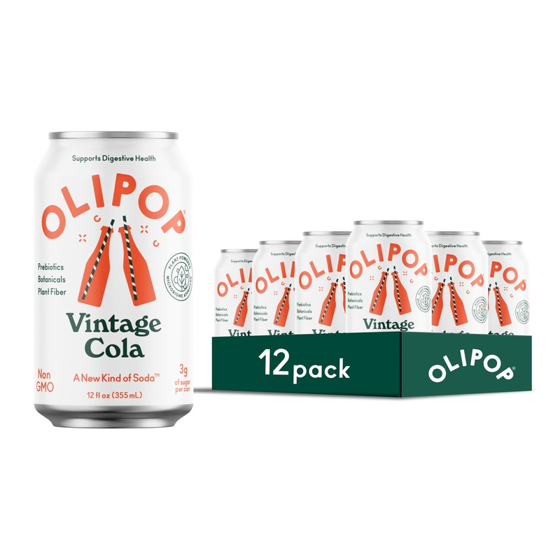 OLIPOP Vintage Cola Prebiotic Soda, 12oz Cans (Pack of 12), Gluten Free, Vegan, Packed with Fiber & Botanicals