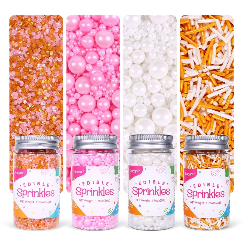 Pink Sprinkles Set, Sujoygar Edible Valentines Cake Sprinkles, Fancy Pink Gold White Sprinkles Mix For Cake Decorating Cupcakes