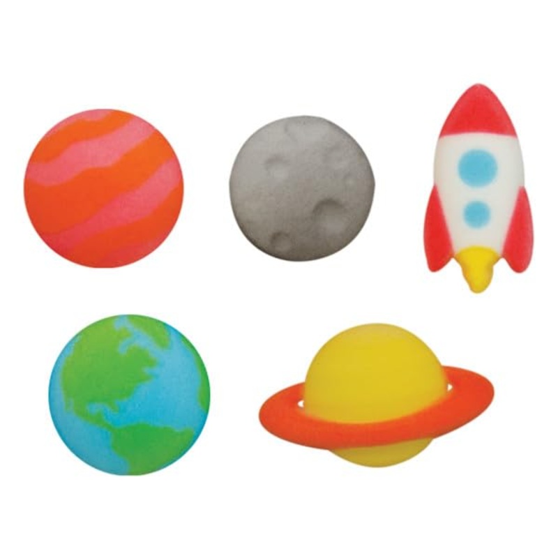 Space And Planets – Earth, Mars, Saturn, Moon And Rocket Edible Sugar Cake Toppers, 12 Count