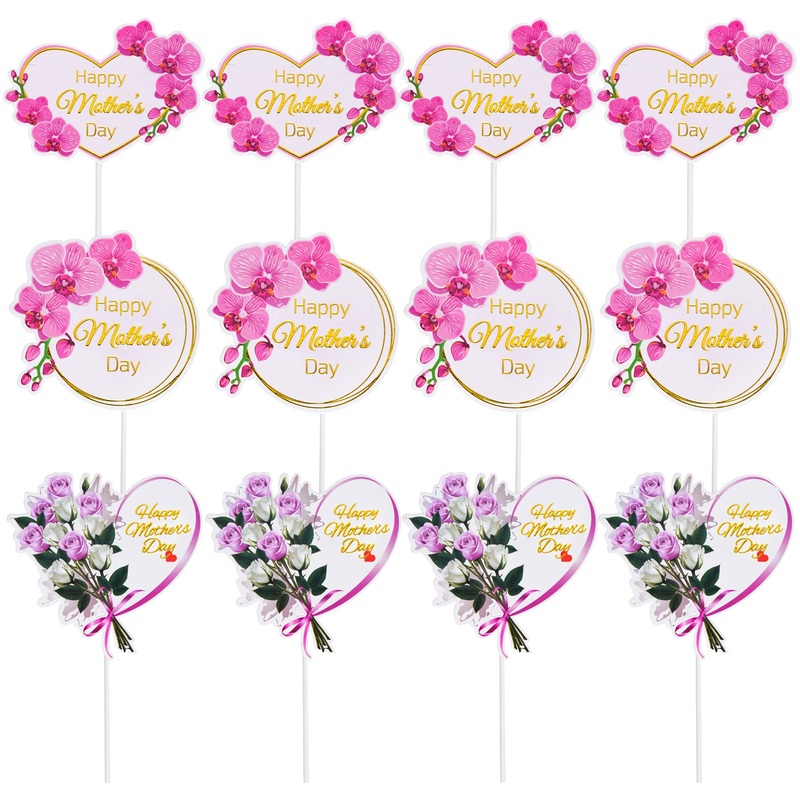 Sumersha 12 Pieces Happy Mother’S Day Cake Toppers Flower Cupcake Topper For Mother’S Day Birthday Cake Decoration Party Supplie
