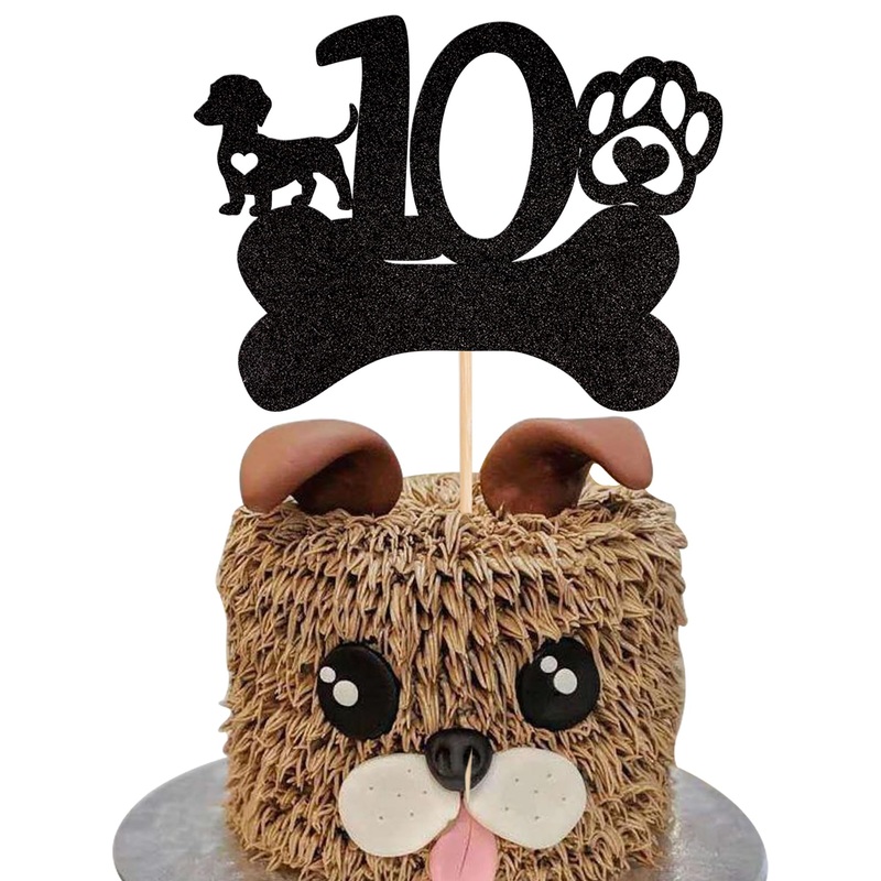 1 Pcs 10Th Birthday Cake Topper Black Glitter Dog Paw Ten Years Old Birthday Puppy Dog Bone Cake Pick For Let’S Pawty Baby Showe