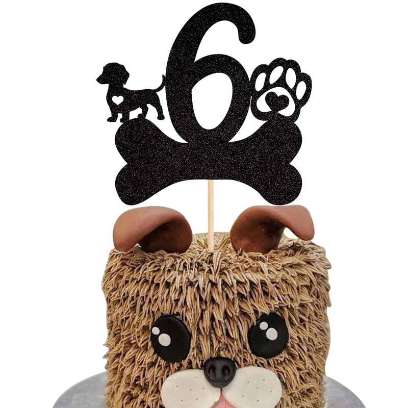 1 Pcs 6Th Birthday Cake Topper Black Glitter Dog Paw Six Years Old Birthday Puppy Dog Bone Cake Pick For Let’S Pawty Baby Shower