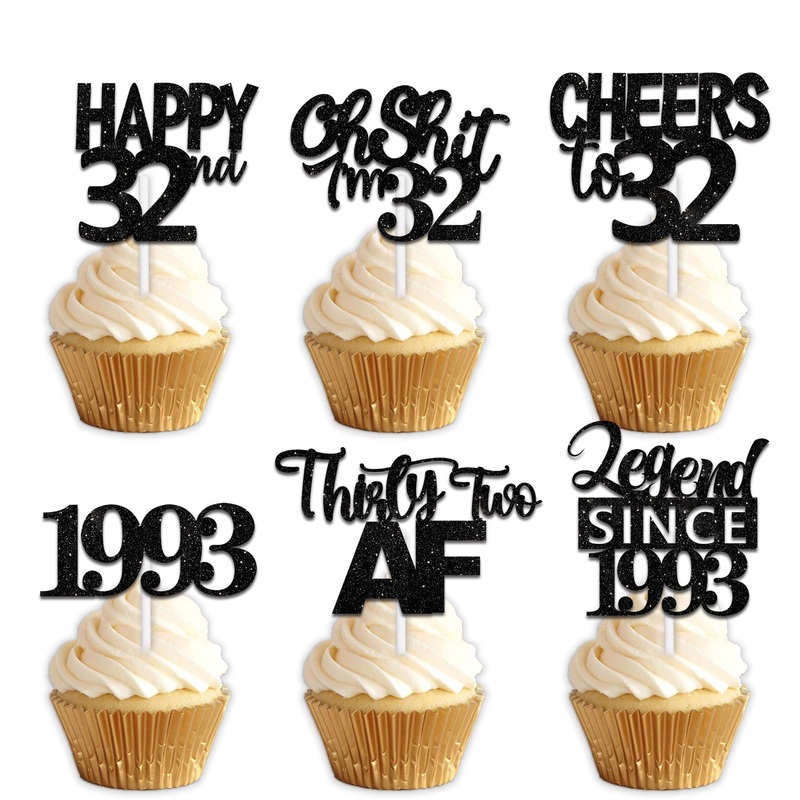 18Pcs Black Glitter Happy 32Nd Dessert Cupcake Topper Pick For Funny Legend Since 1992 Theme Decor Supplies Men Women Happy 32 B