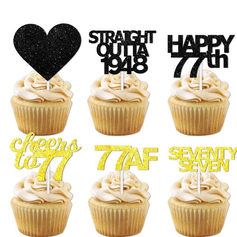 18Pcs Black Gold Glitter Dessert Cupcake Pick For Straight Outta 1948 Cheer To 77 Years Old Theme Decor Supplies Happy 77Th Birt