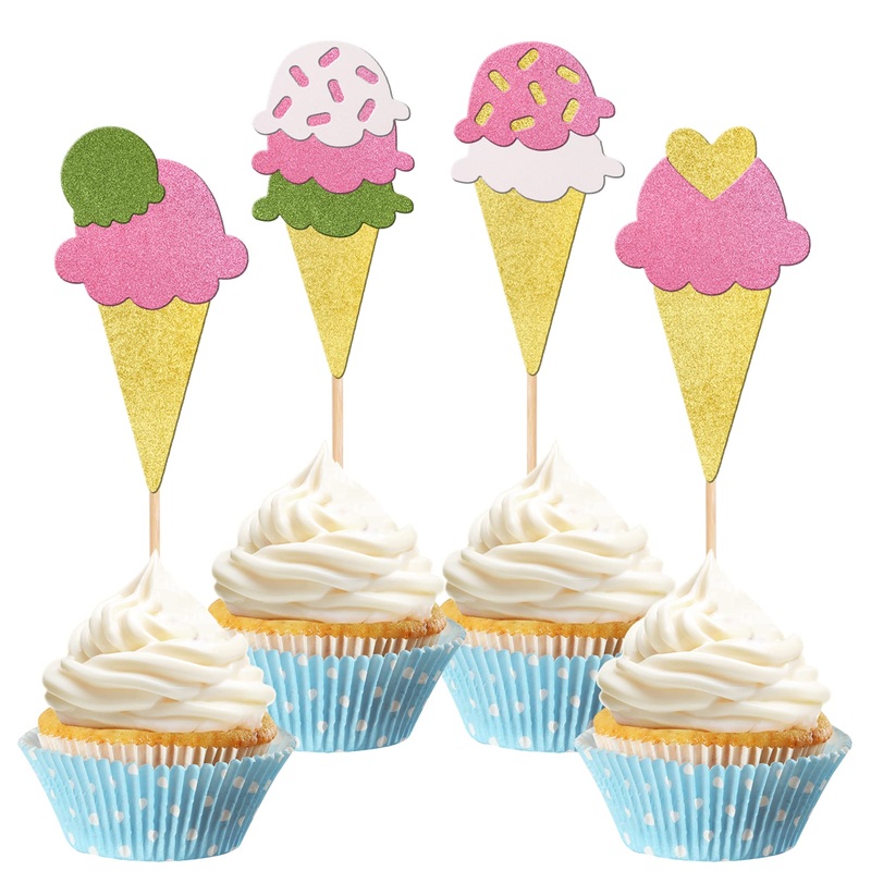 24 Pcs Ice Cream Cupcake Toppers Assembled Glitter Paper Ice Cream Luau Cupcake Picks For Summer Hawaii Theme Baby Shower Weddin