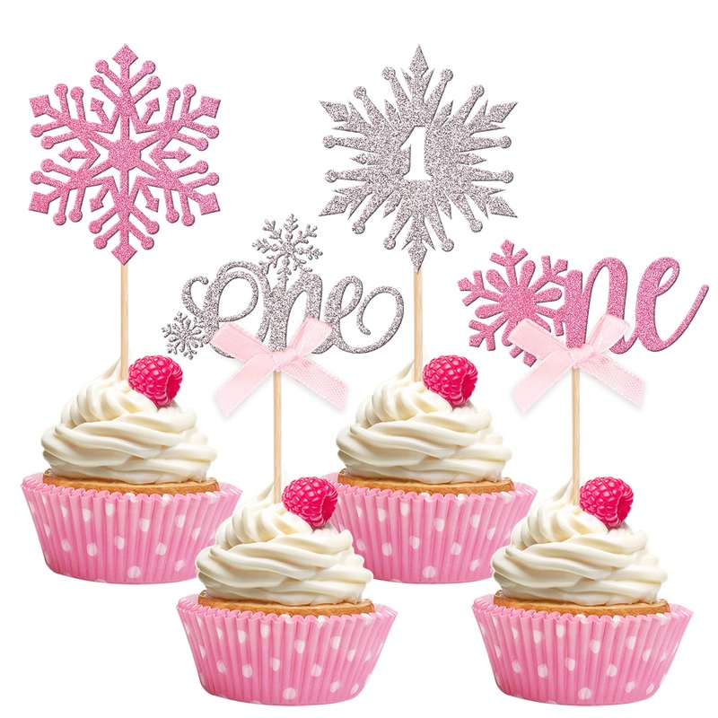 24 Pcs Snowflake 1St Birthday Cupcake Toppers Glitter Bow First Birthday Snowflake One Cupcake Picks For Winter Onederland Theme