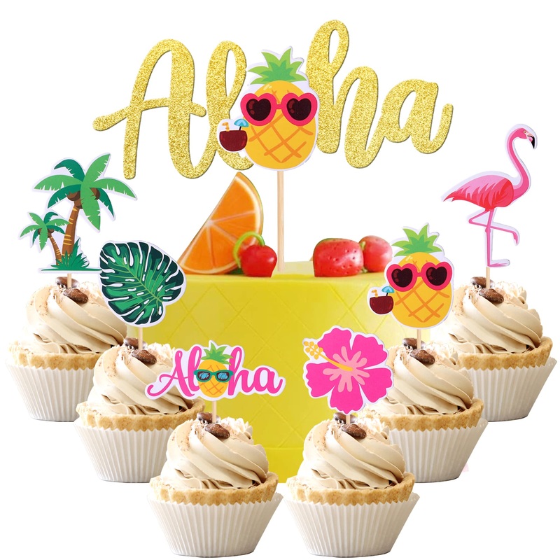25 Pcs Tropical Theme Cupcake Toppers With Aloha Cake Topper Palm Tree Turtle Leaves Flamingo Pineapple Cupcake Picks For Summer