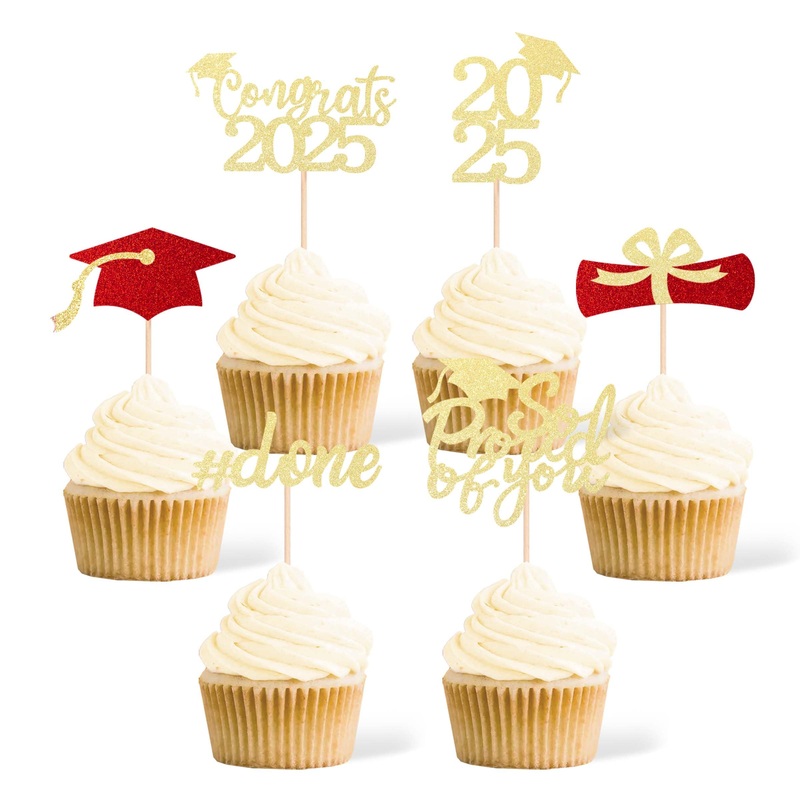 36 Pcs Class Of 2025 Graduation Cupcake Toppers, Gold & Red Glitter Double-Sided Grad Cap Cake Toppers For Party Supplies, 2025