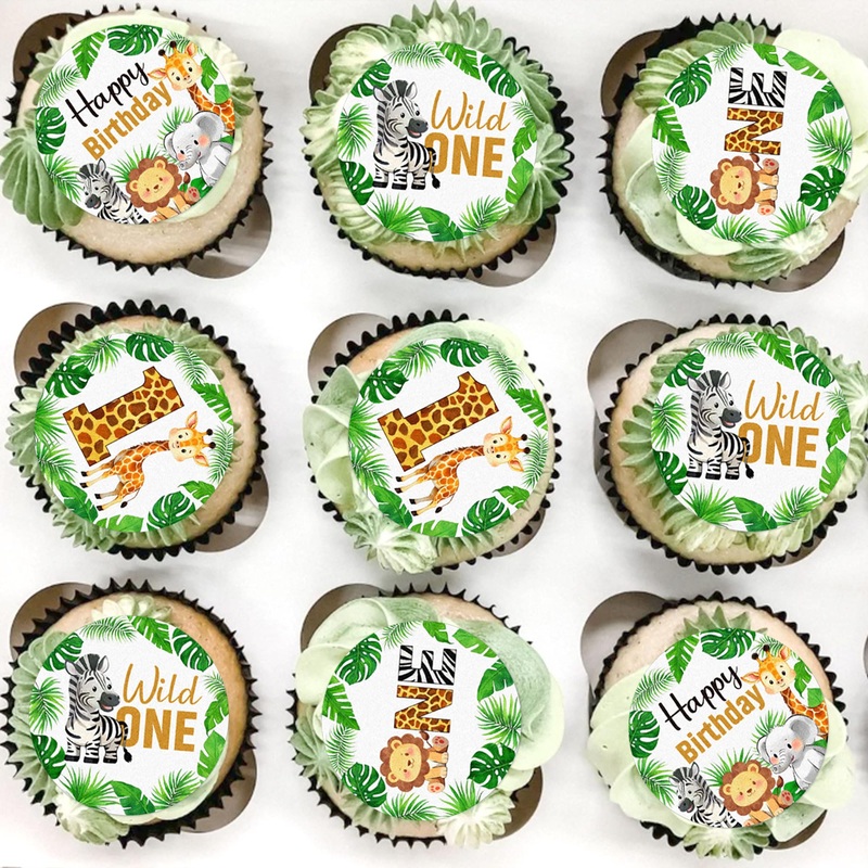 48 Pcs Wild One Cupcake Toppers Wafer Paper Animal 1St Birthday Decorations Cupcake Toppers For Jungle Safari Animal Theme Baby