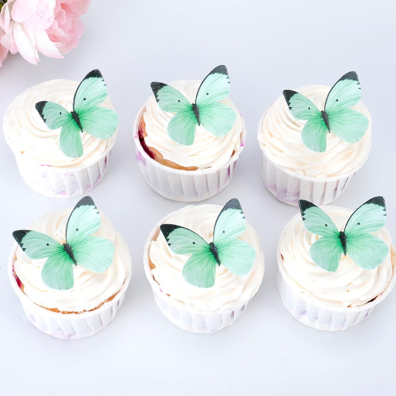50Pcs Edible Butterfly Cake Decorations Green Wafer Paper Butterflies Cake Cupcake Toppers For Women Girls’ Happy Birthday Cake