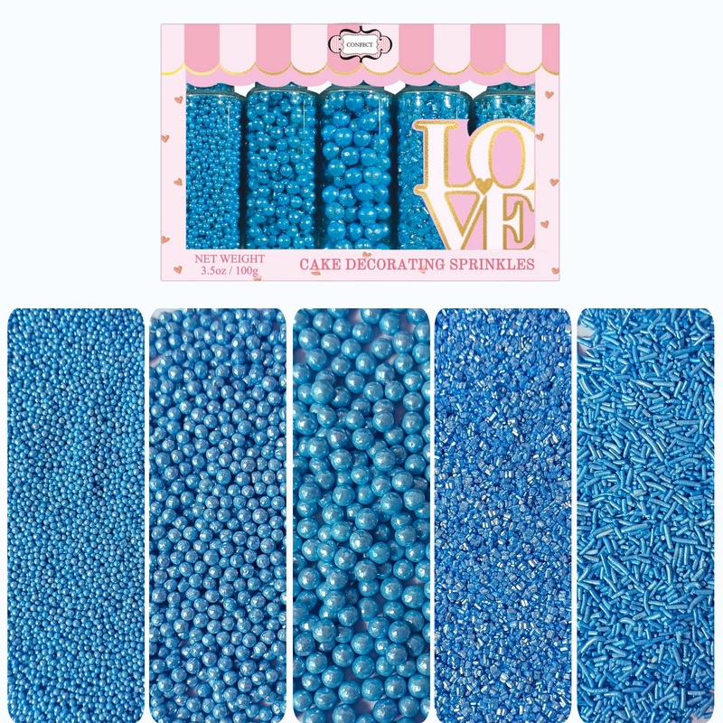 Confect Christmas Sprinkles – Assorted Pack Of 5 (Friday Evening Party Bright Blue Mix With Dragees, Jimmies & Sparkling Sugar)