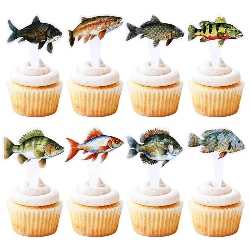 Cyodoos 24Pcs Fish Cupcake Toppers Go Fishing Theme Decorations Baby Shower Boys Girls Happy Birthday Party Tropical Party Cake