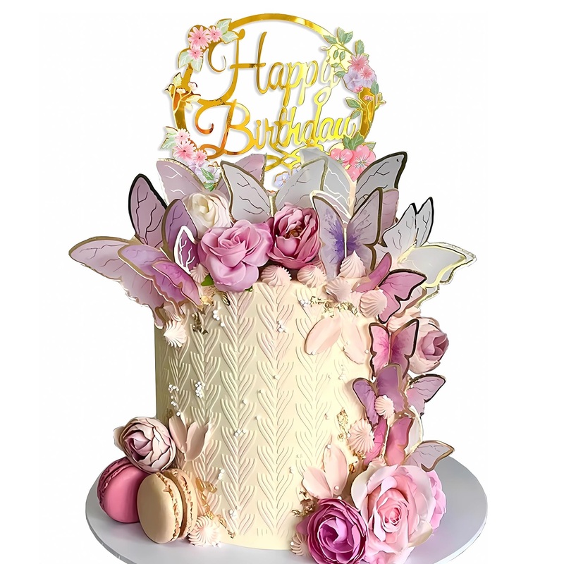 Drwate 28Pcs Butterfly Cake Topper Butterfly Cake Decorations With Artificial Flowers For Women Girls Birthday Anniversary Party