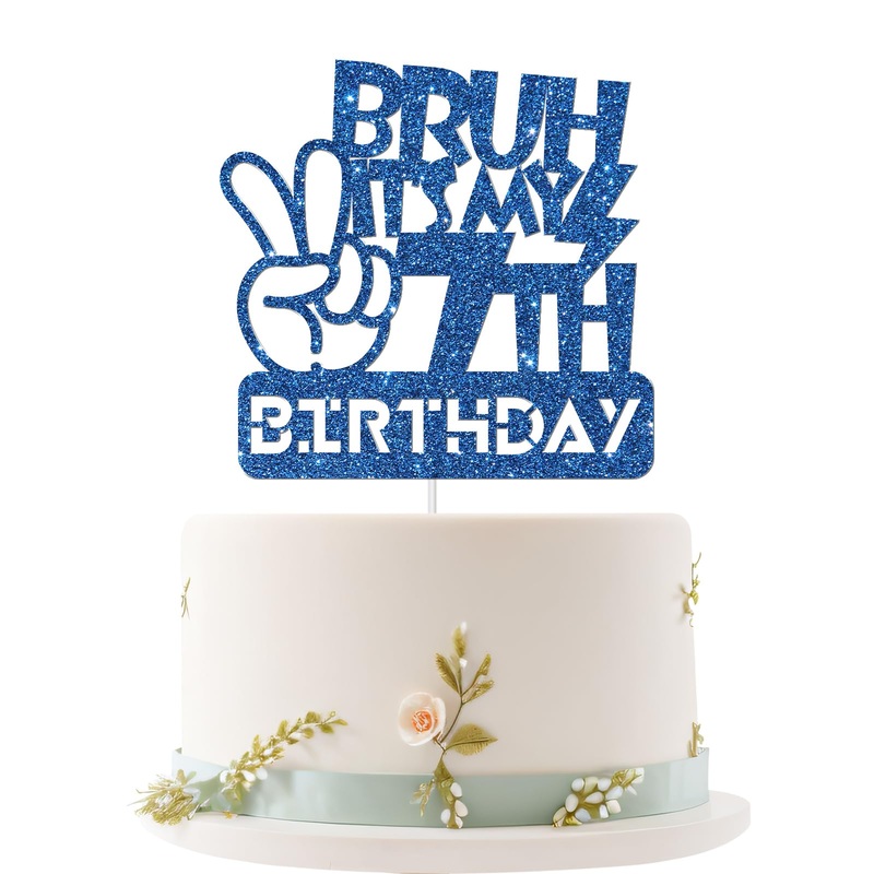 Embhhor Bruh It’S My 7Th Birthday Cake Topper, Ddue Bro I’M 7, Kid Boys Happy 7Th Birthday Party Cake Decorations, Blue Glitter