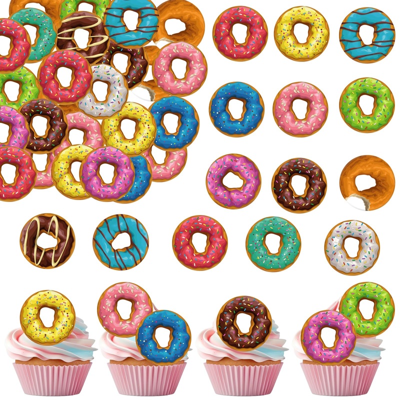 Fyeoxle 36Pcs Edible Donut Cupcake Toppers Wafer Paper Sweet Donuts Cupcake Picks Edible Donut Party Cupcake Decorations For Swe
