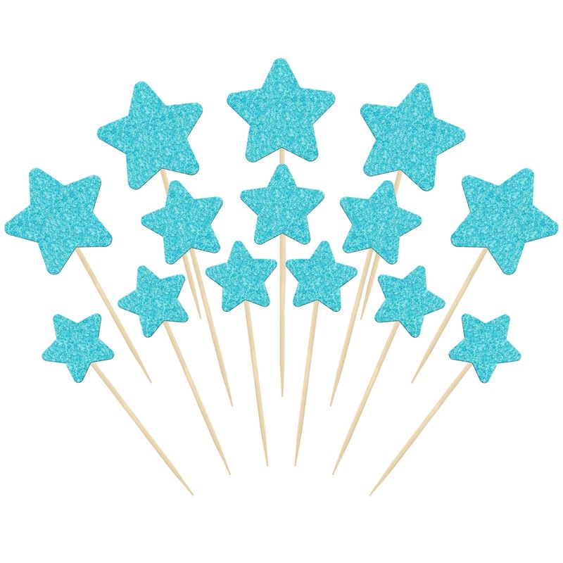 Gyufise 42Pcs Star Cupcake Toppers Blue Glitter Mixed Size Twinkle Little Star Cupcake Picks Decorations For Wedding Engagement