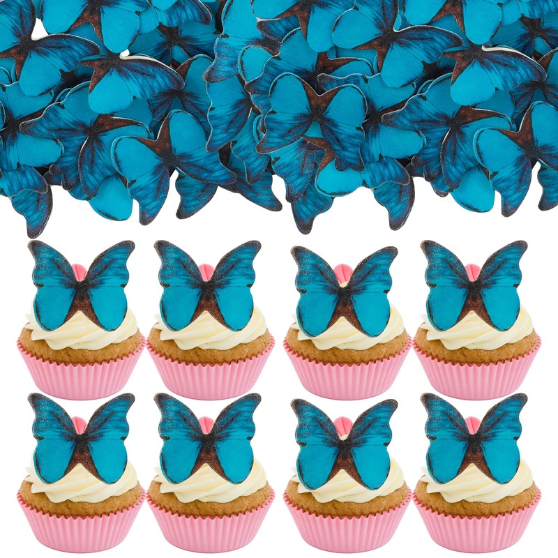 Gyufise 48Pcs Edible Butterfly Cake Decorations – Wafer Paper Butterflies & Cupcake Toppers – Blue