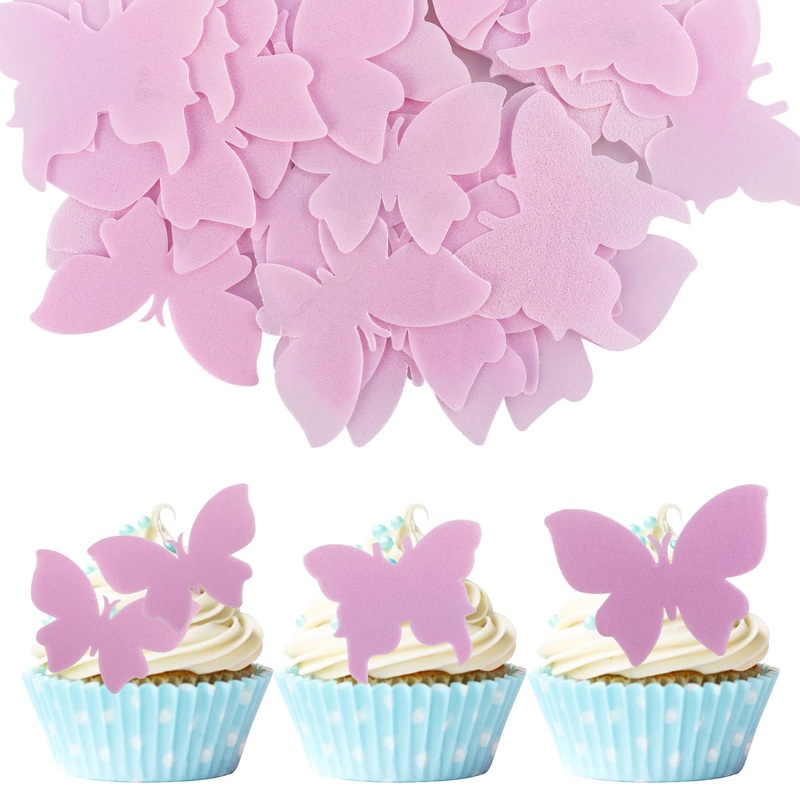 Gyufise 50Pcs Wafer 3D Pink Butterfly Cupcake Toppers Diy Realistic Dessert Decoration For Birthday Party Wedding Food Decoratio