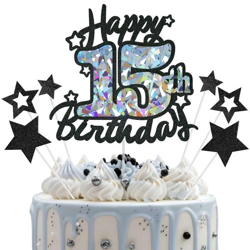 Happy 15Th Birthday Cake Topper, Black Glitter And Gem Patterns Card Stock Cake Toppers, Quinceanera Decorations, 15 Year Birthd