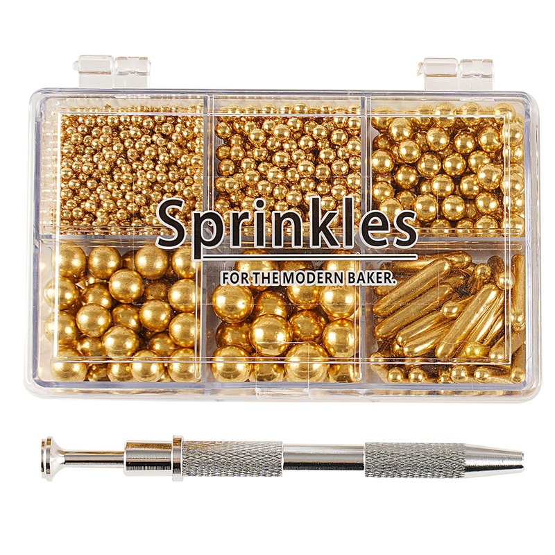 Kasvan Gold Mix Sugar Sprinkles – Edible Candy Pearls With 4-Claw Sprinkle Pen,118G/4.16 Oz, Gift Box Pack, Baking Cake Decorati