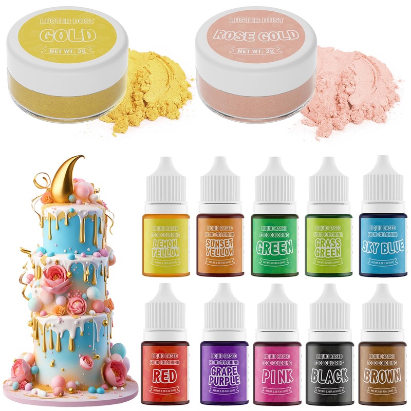 Luster Dust 2 Color & Food Dye Coloring 10 Color Set, Edible Food Coloring Liquid And Shimmer Cake Dust Metallic Food Coloring P