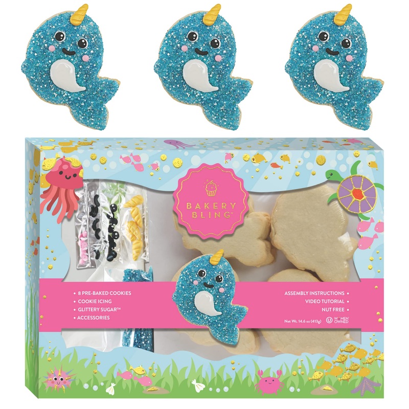 Narwhal Designer Cookie Kit – Decorate 8 Narwhal-Shaped Sugar Cookies With Edible Glitter & Accessories – Nut-Free, Dairy-Free,