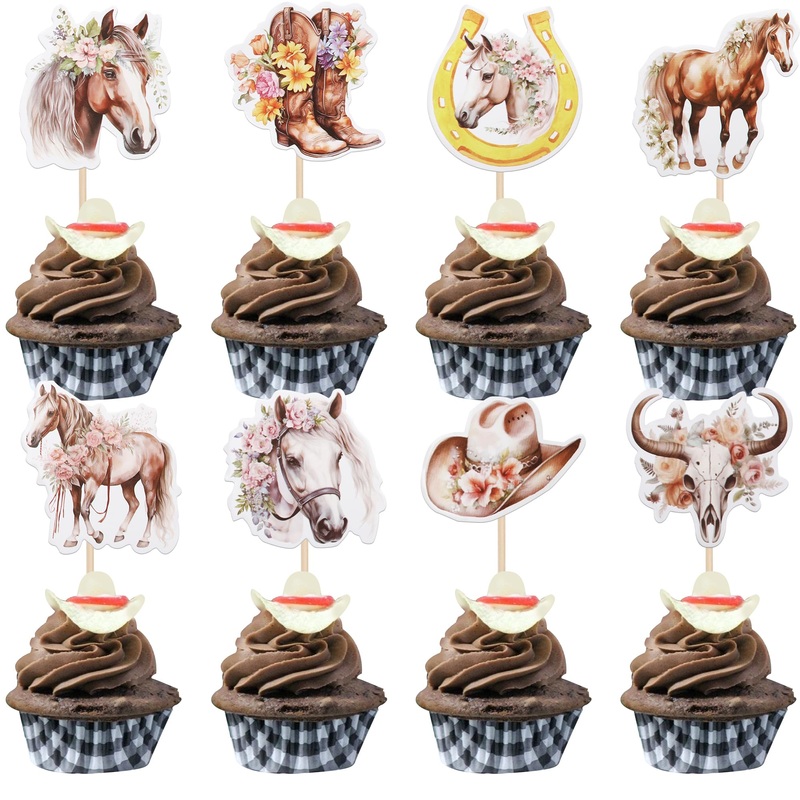 Zhuoweism 40 Pcs Horse Cupcake Toppers – Western Cowgirl Cupcake Picks – Floral Horseshoe Hat Boots – Cake Decorations For Horse