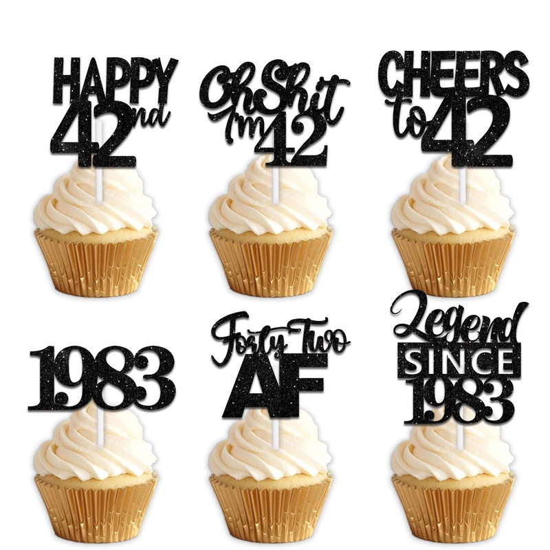 18Pcs Black Glitter Happy 42Nd Dessert Cupcake Topper Pick For Funny Legend Since 1983 Theme Decor Supplies Men Women Happy 42 B