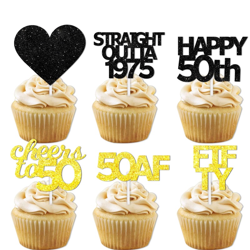 18Pcs Black Gold Glitter Dessert Cupcake Pick For Straight Outta 1975 Cheer To 50 Years Old Theme Decor Supplies Happy 50Th Birt