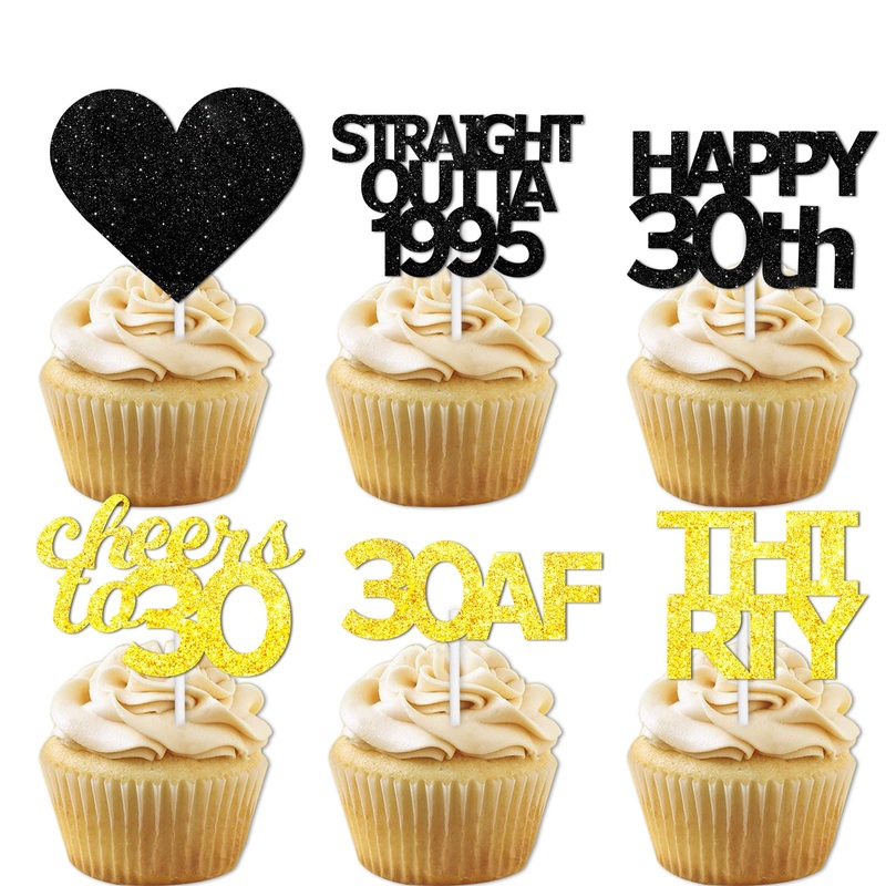 18Pcs Black Gold Glitter Dessert Cupcake Pick For Straight Outta 1995 Cheer To 30 Years Old Theme Decor Supplies Happy 30Th Birt