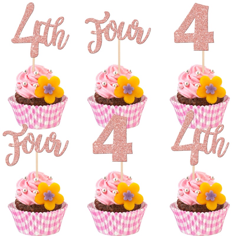 24 Pcs Four Cupcake Toppers Glitter 4Th Birthday Cupcake Picks Number 4 Cupcake Decorations For Baby Shower Kids 4Th Birthday An