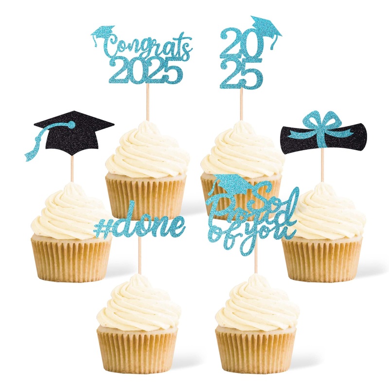 36 Pcs Class Of 2025 Graduation Cupcake Toppers, Light Blue & Black Glitter Double-Sided Grad Cap Cake Picks For Party Supplies,