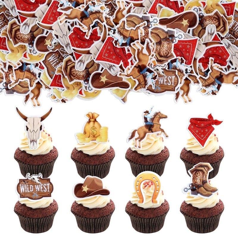 40 Pack Edible Cowboy Cupcake Toppers Wafar Glutinous Rice Paper Holy Cow I’M One Horseshoe Cowboy Hats Western Theme Happy Birt