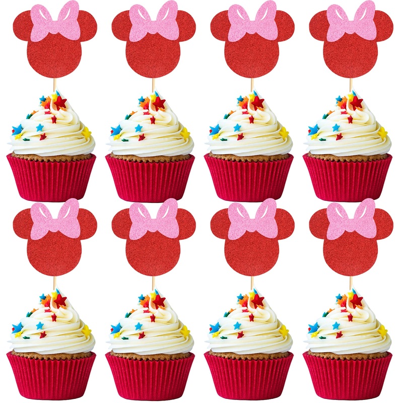 Arthsdite 24Pcs Mouse Inspired Cupcake Toppers With Pink Bow Red Glitter Mouse Cake Decorations For Baby Shower Wedding Kids Bir