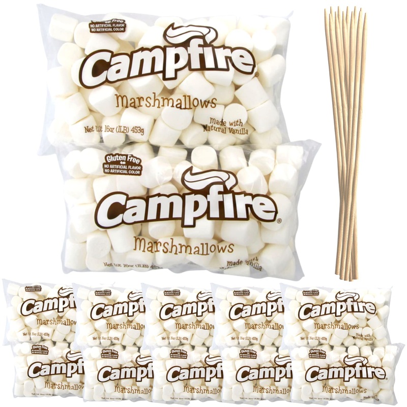 Case Pack 12 Pounds Bulk Campfire Marshmallows With (100) Roasting Sticks – (12) One Pound Bags Of Large Campfire Marshmallows W