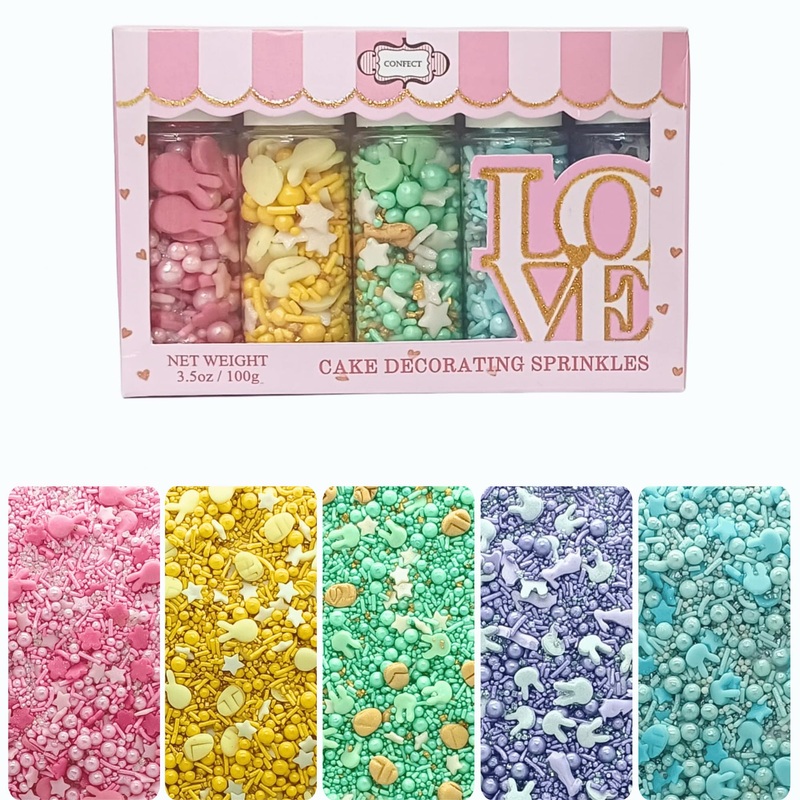 Confect Easter Sprinkles Edible | Assorted Pack Of 5 Parrot Green, Pink, Sky Blue And Yellow Pearls & Stars I Cookies, Desserts