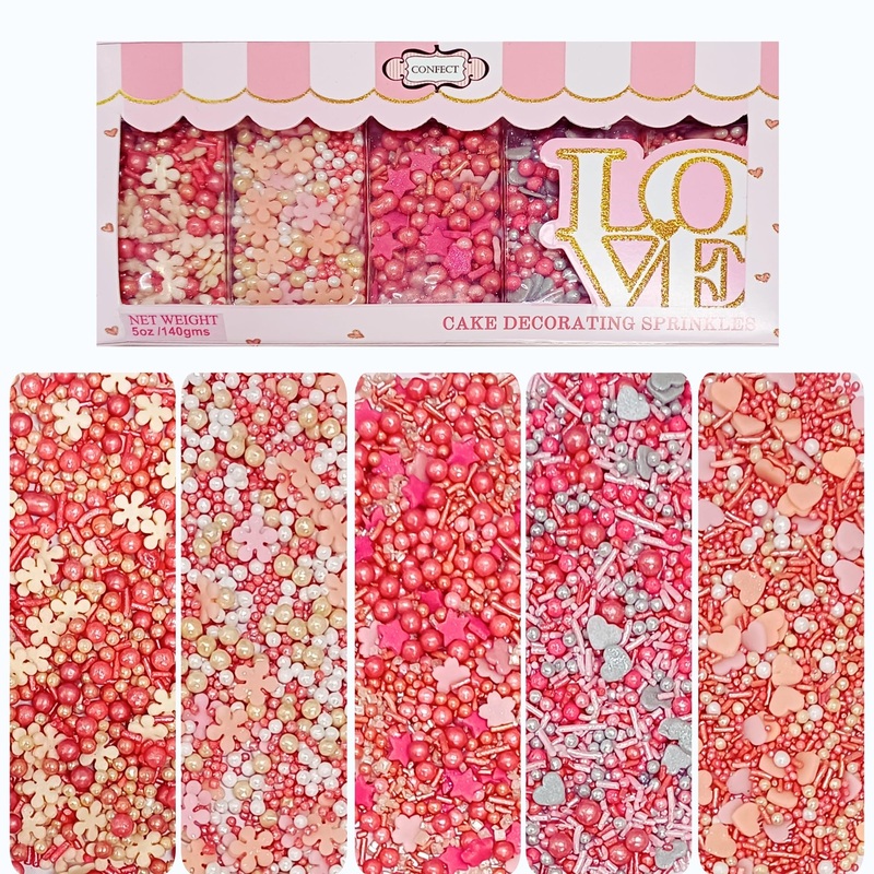 Confect Pretty In Pink, Gold & White Flower & Pearl Sprinkles Mix – Heart & Star Edible Sprinkles For Cakes, Cupcakes, Cookies –