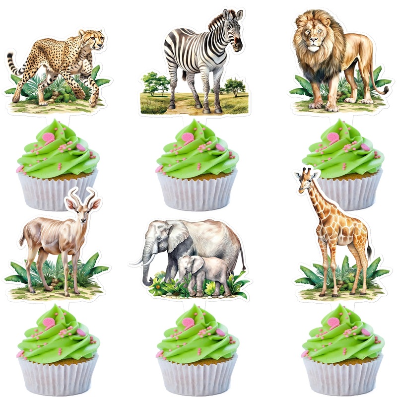 Cyodoos 24Pcs Jungle Safari Animal Cupcake Toppers,Selected Jungle Themed Children’S Party Birthday And Baby Shower Cake Decorat