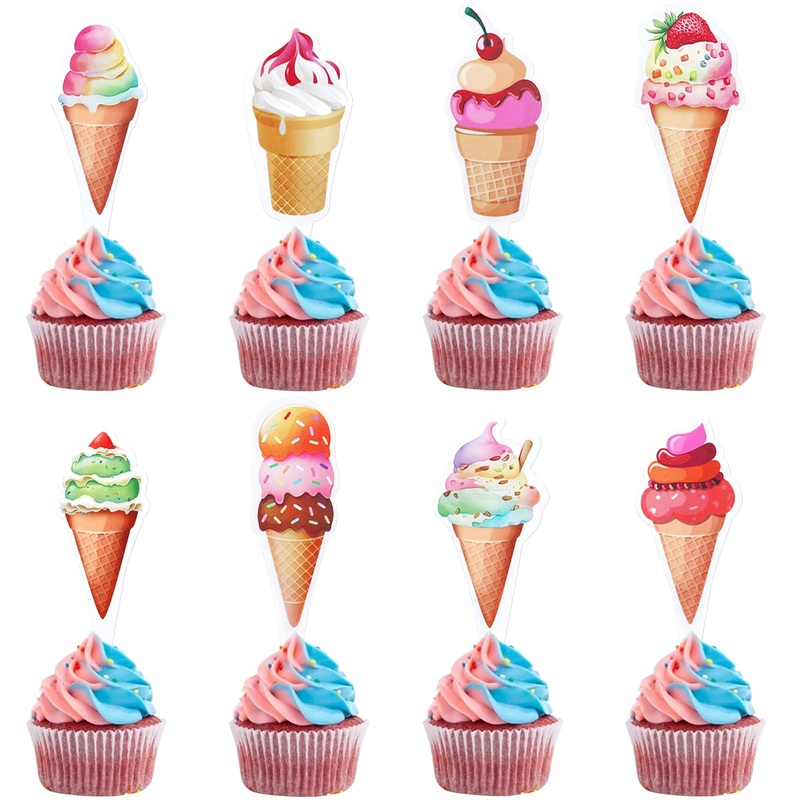 Ercadio 32 Pack Double Sided Ice Cream Cupcake Toppers Glitter Cupcake Picks For Baby Shower Birthday Summer Hawaii Theme Party