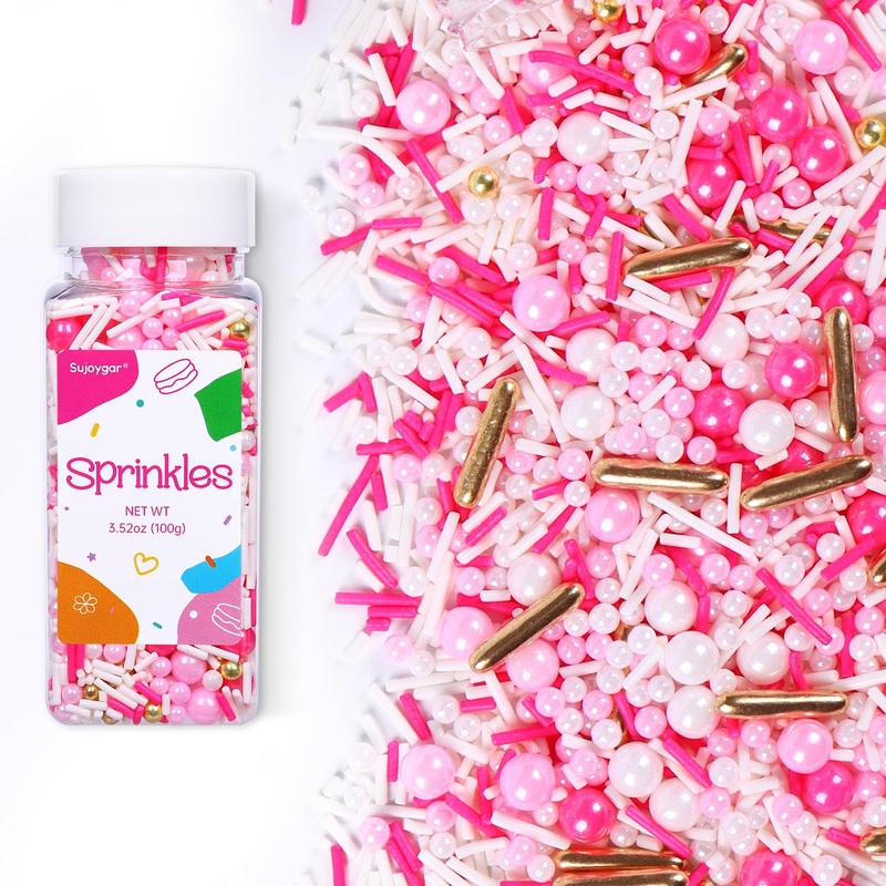 Pink Sprinkles For Cake Decorating, 3.52Oz Pearl Sprinkles For Ice Cream Cupcakes Toppings Baking Cookies, Pink Gold Sprinkle Fo