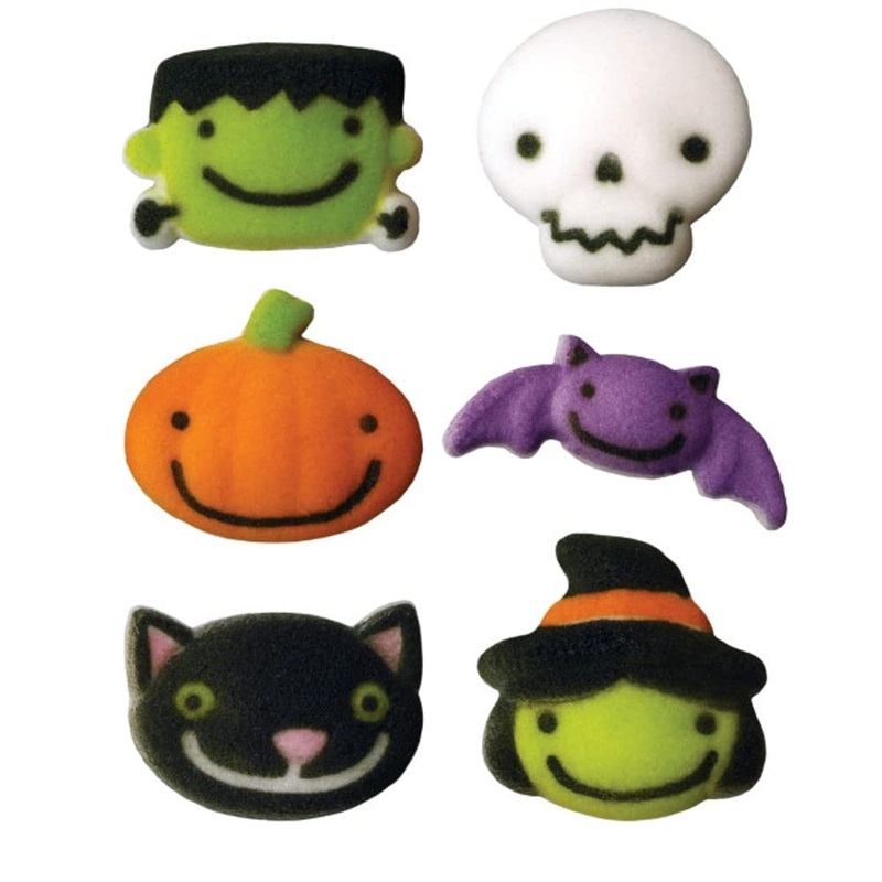 Skull, Pumpkin, Bat, Witch, Cat, And Monster Edible Sugar Cake Toppers, 12 Count