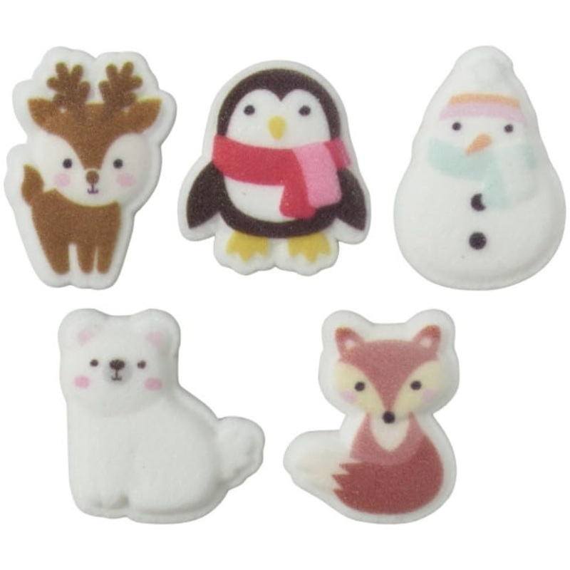 Winter Animal Friends – Penguin, Fox, Snowman, Reindeer, And Polar Bear Edible Sugar Cake Toppers, 12 Count