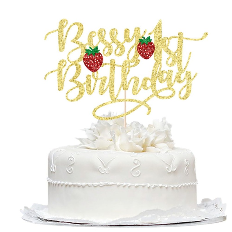 1 Pcs Berry 1St Birthday Cake Topper-Gold Glitter Sweet Fruit Theme First Birthday Strawberry One Cake Pick For Strawberry Theme