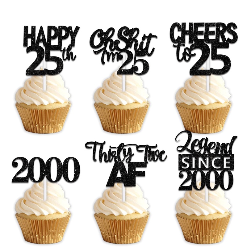 18Pcs Black Glitter Happy 25Th Dessert Cupcake Topper Pick For Funny Legend Since 2000 Theme Decor Supplies Men Women Happy 25 B