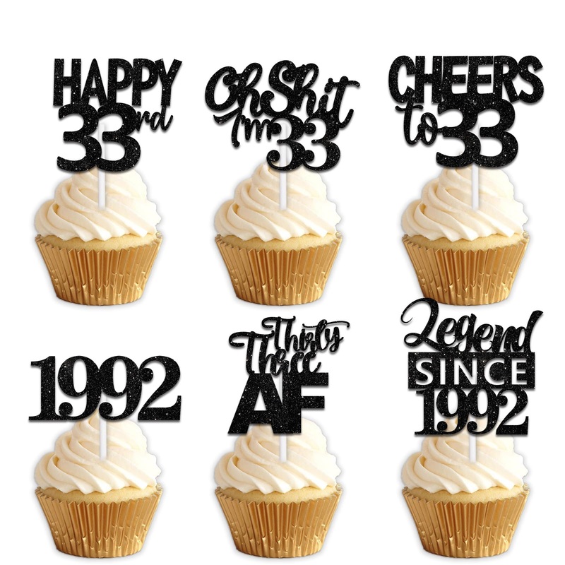18Pcs Black Glitter Happy 33Rd Dessert Cupcake Topper Pick For Funny Legend Since 1992 Theme Decor Supplies Men Women Happy 33 B